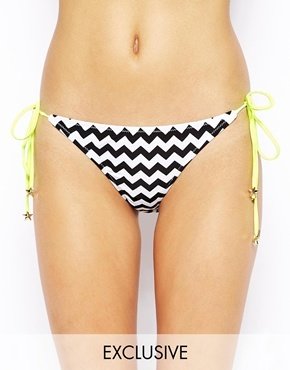 South Beach Exclusive to ASOS Chevron Print Bikini Bottom With Neon Ties - Black/white/neon yel