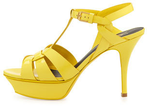 Saint Laurent Tribute Mid-Heel Patent Platform Sandal, Yellow