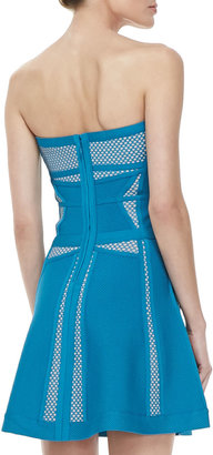Herve Leger Contrast-Pattern Strapless A-Line Bandage Dress