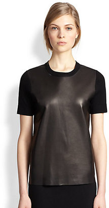 Michael Kors Leather-Front Short-Sleeve Sweater
