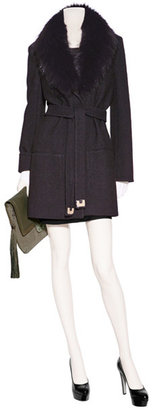 Diane von Furstenberg Black Victoria Coat with Removable Fur Collar