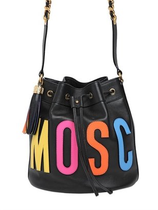 Moschino Logo Lettering Leather Large Bucket Bag