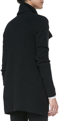 Vince Ribbed Layout Drape Cardigan with Leather Trim, Black