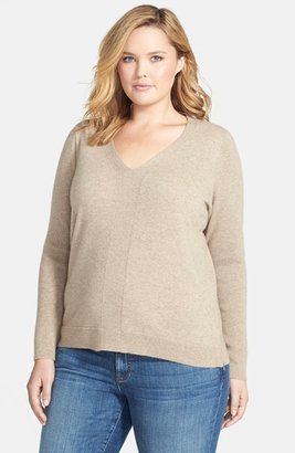 Eileen Fisher Plus Size Women's Zip Side Undyed Cashmere V-Neck Sweater, Size 1X - Beige
