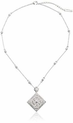 Nina Genny Filigreed Pave Square Locket on Cubic Zirconia Station Chain Pendant Necklace