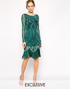 Frock and Frill All Over Embellished Dress with Tassel Hem - petrolgreen/silver
