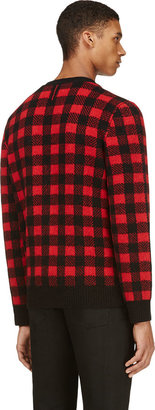 Saint Laurent Red & Black Check Wool Cardigan