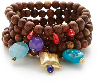 Set Of 5 Wood & Multi-Gemstone Stretch Bracelets