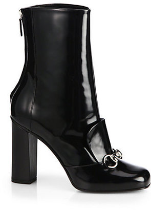 Gucci Lilian Patent-Leather Horsebit Ankle Boots