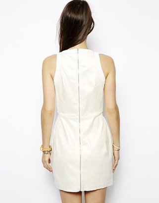 Jena. Theo Muscle Mini Dress in Coated Pearl Denim with White Leather Trim