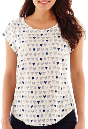 JCPenney STYLUS Stylus Short-Sleeve Heart Print Woven T-Shirt- Petite