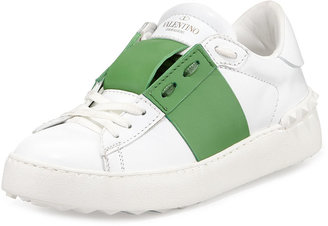 Valentino Striped Leather Lace-Up Sneaker, Bianco/Green