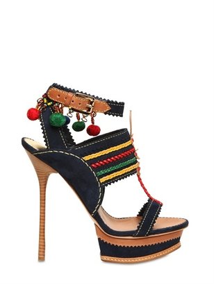 DSquared 1090 Dsquared - 140mm Suede Pom Pom Woven Sandals