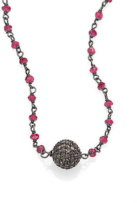 Grey Diamond, Ruby & Oxidized Silver Little Ball Beaded Necklace