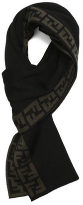 Fendi black and teal wool knit reversible zucca scarf