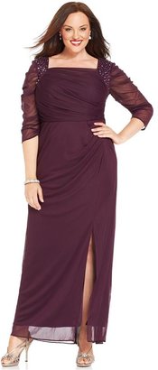 Alex Evenings Plus Size Illusion-Sleeve Embellished Gown