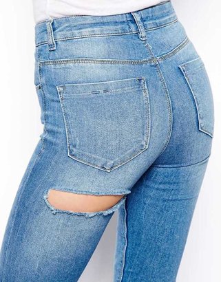 ASOS Ridley High Waist Ultra Skinny Jeans in Light Wash Blue with Knee & Back Thigh Rip