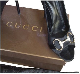 Gucci Black Satin Open Toe Pumps With Horse Bit And Swarowsky