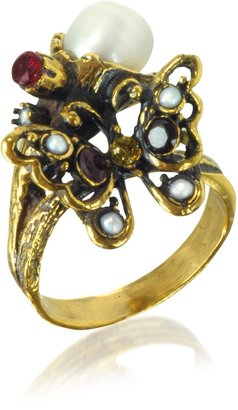 Alcozer & J Golden Brass, Gemstones and Glass Pearl Butterfly Ring