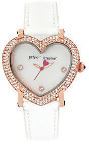 Betsey Johnson Rose Goldtone Heart Shaped Dial & White Strap Watch