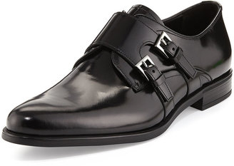 Prada Leather Double Monk Loafer, Black