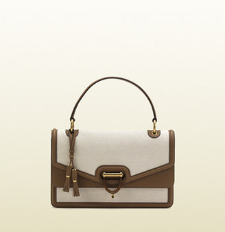 Gucci Derby Canvas Top Handle Bag With Brown Leather Trim