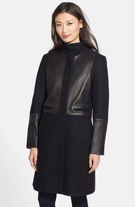 Nicole Miller Leather Trim Long Wool Blend Coat