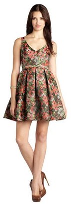 ABS by Allen Schwartz red and pink floral jacquard belted v-neck fit and flare dress