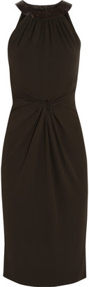 Michael Kors Leather-trimmed gathered stretch-jersey dress