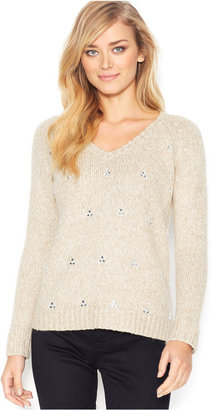 Kensie Long-Sleeve V-Neck Embellished Sweater (Only at Macy's)