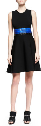 Proenza Schouler Contrast Whipsnake-Inset Fit-And-Flare Dress, Black Combo