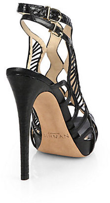 Alexandre Birman Leather and Snakeskin Cage Sandals