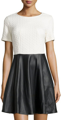 Romeo & Juliet Couture Quilted Fit-and-Flare Dress w/ Faux-Leather Skirt, Ivory