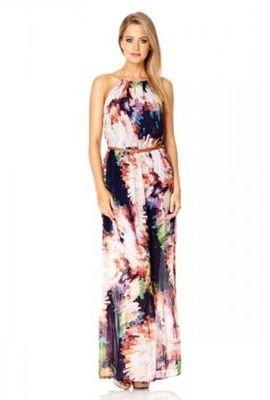 Quiz Navy And Green Floral Pleat Maxi Dress