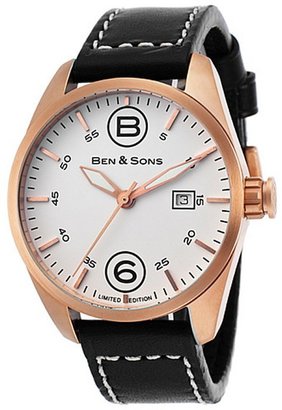 Ben Minkoff Cadet Limited Edition Black Leather Contrast Stitching White Dial Rose-Tone Case