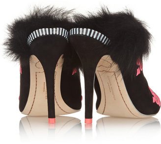 Webster Sophia Louby embroidered marabou-trimmed suede mules