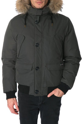 Museum Short grey puffer jacket, fur collar and elasticated waist, Bear