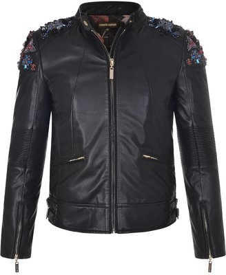 Roberto Cavalli Girls Black Leather Jacket With Beads & Diamantes