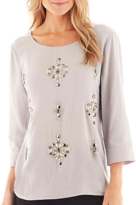 JCPenney jcpTM 3/4-Sleeve Embellished Jeweled-Front Woven Top