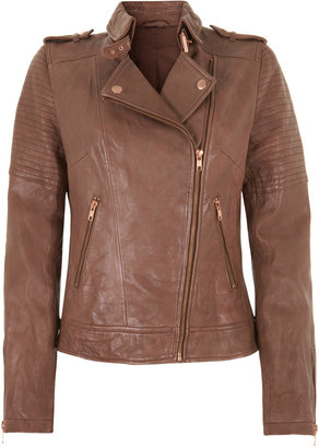 Mint Velvet Tan Zip Leather Biker Jacket