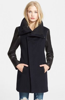 Veda 'Gold' Leather Sleeve Wool Coat