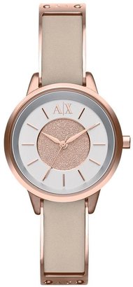 Armani Exchange Silver Dial Rose Gold IP Plated And Nude Leather Strap Ladies Watch