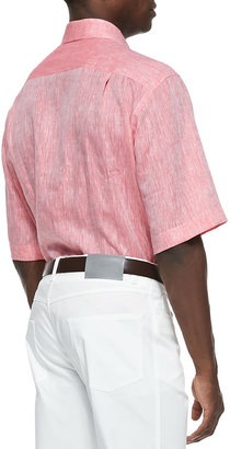 Brioni Short-Sleeve Button-Down Linen Shirt, Coral