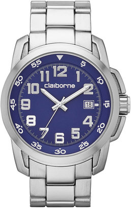 Claiborne Mens Silver-Tone Blue Dial Watch