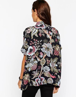 ASOS Short Sleeve Kimono Blouse In Black Floral Print