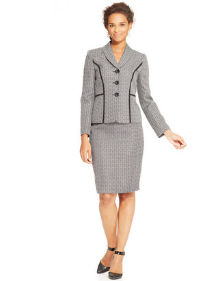 Le Suit Petite Three-Button Textured-Tweed Skirt Suit