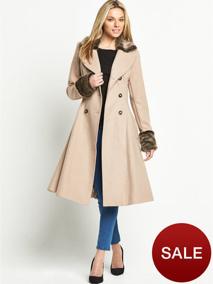 Savoir Fit And Flare Coat With Faux Fur Trim