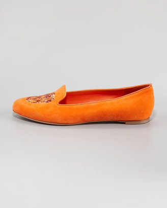 Alexander McQueen Skull-Vamp Suede Belgian Loafer, Orange