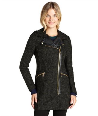 BCBGeneration olive wool blend boucle faux leather trimmed three quarter coat