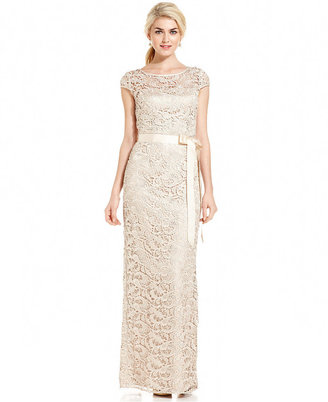 Adrianna Papell Petite Cap-Sleeve Illusion Lace Gown